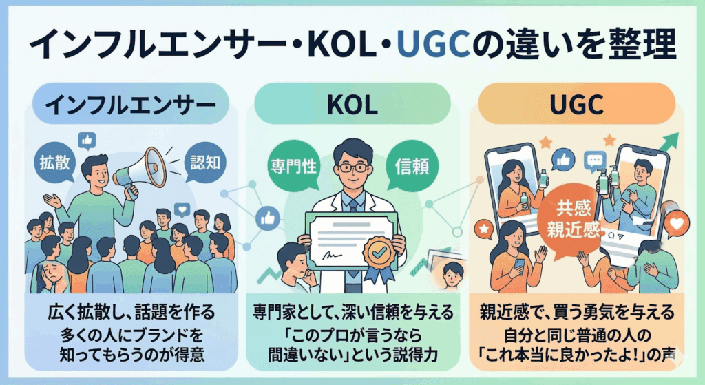 インフルエンサー、KOL、UGCの違いを整理した図解。インフルエンサーは「広く拡散・認知」、KOLは「専門性と信頼」、UGCは「親近感と共感」という特徴の違いをイラストで解説しています。