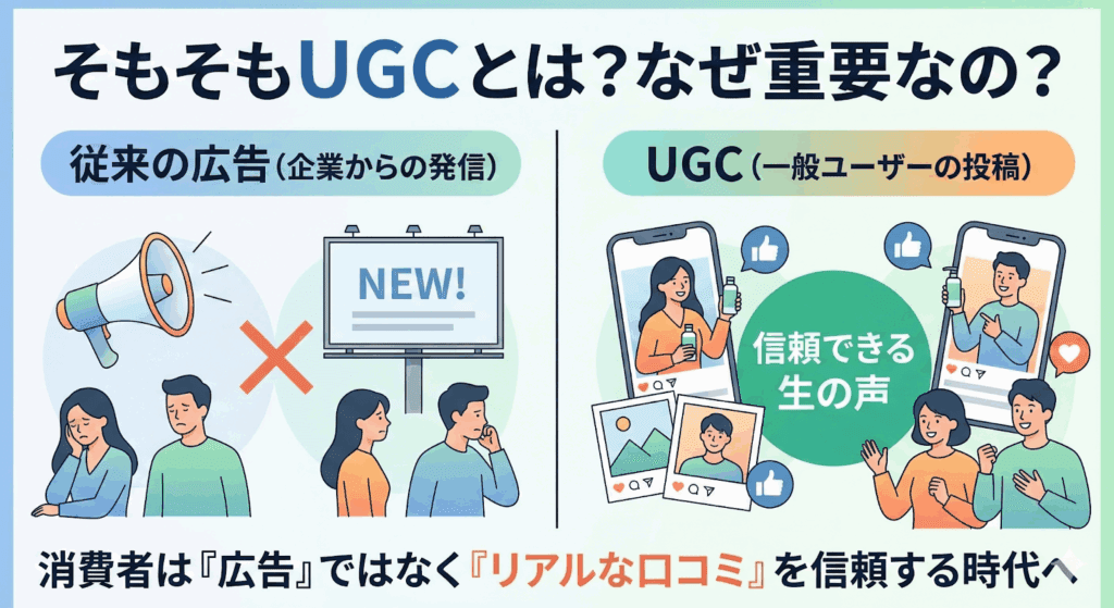 「そもそもUGCとは？なぜ重要なの？」を解説する図。左側の「従来の広告」には不満げな人々が、右側の「UGC（一般ユーザーの投稿）」にはSNSでの「信頼できる生の声」に共感する人々が描かれています。下部には「消費者は『広告』ではなく『リアルな口コミ』を信頼する時代へ」と記載されています。